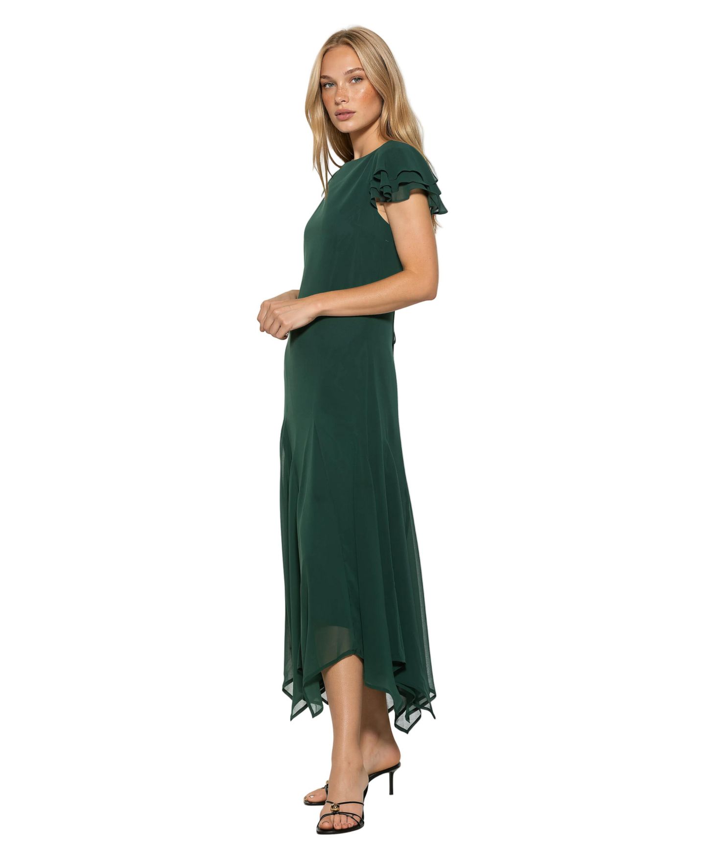 Женское платье Alexia Admor Kaelith Ruffle-Sleeve Asymmetrical-Hem Midi Chiffon, цвет: Изумрудный — фото 3