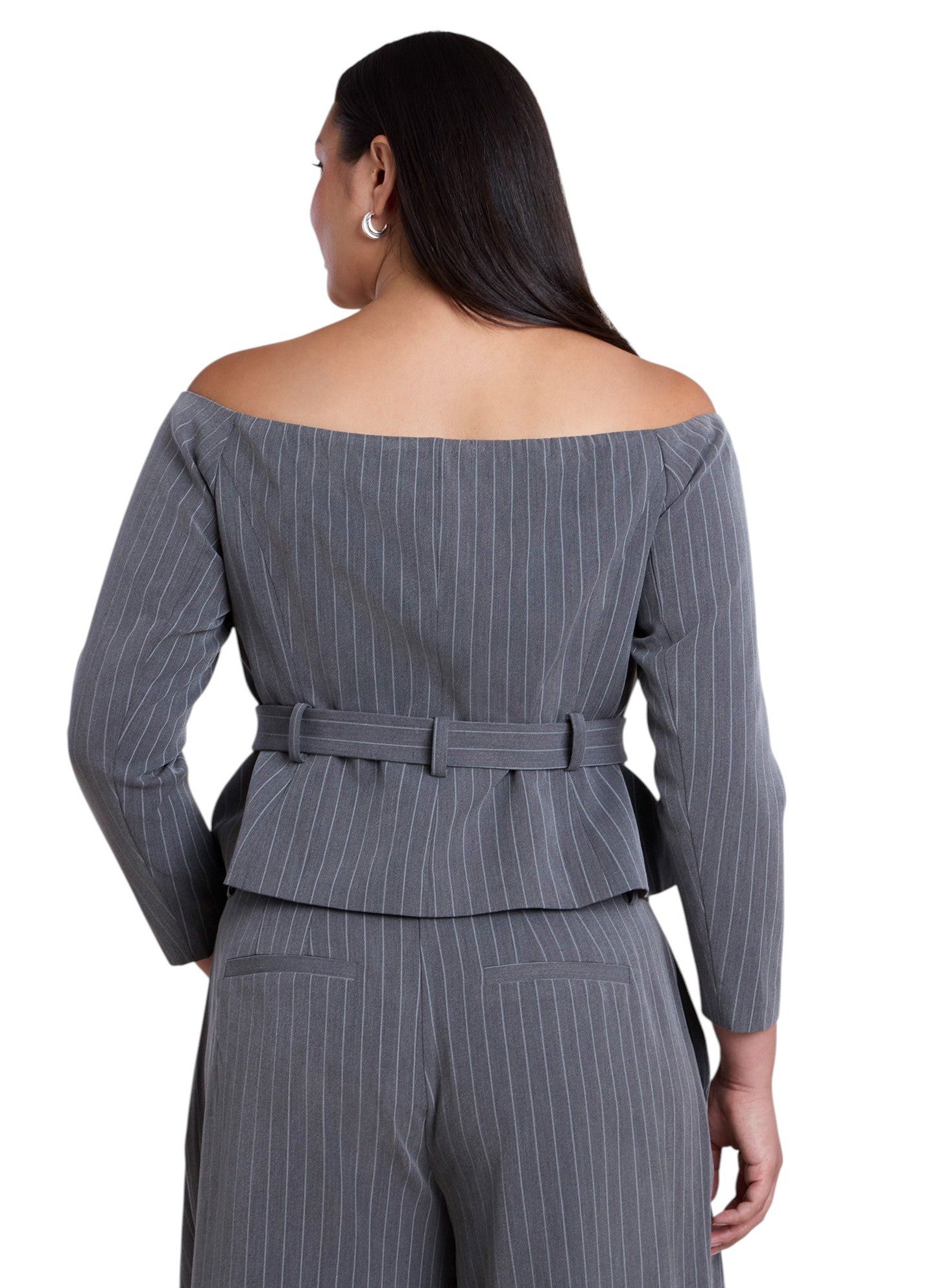 Женский топ ELOQUII Plus Size Off The Shoulder Belted Blazer Top, цвет: Тёмный меланжевый серый — фото 2