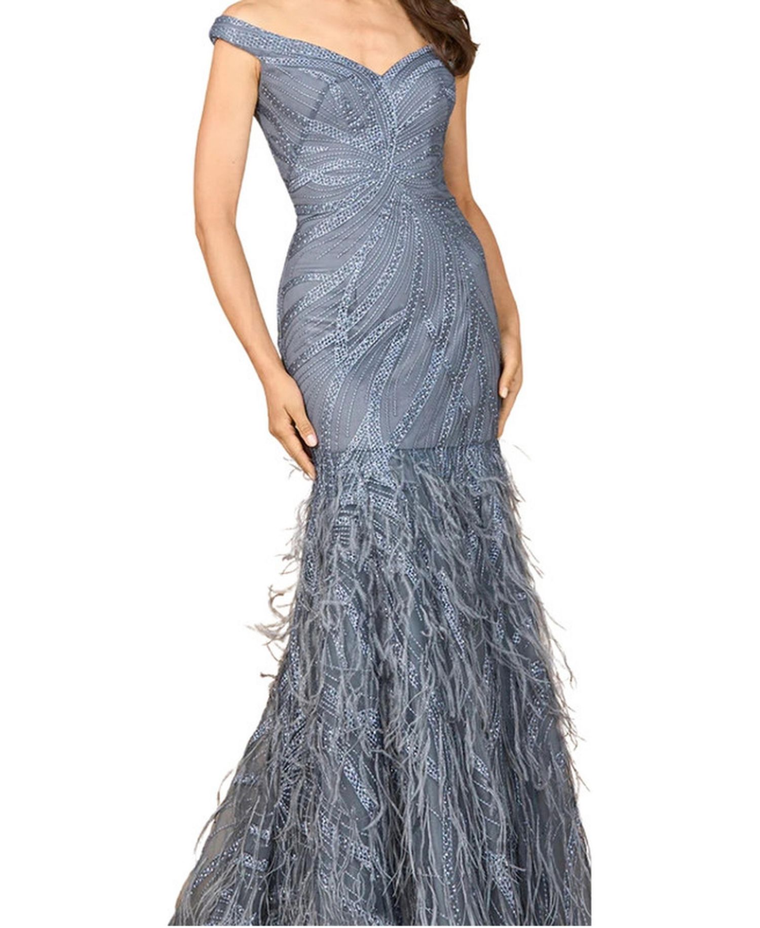 Off Shoulder Mermaid Beaded Gown with Feathers