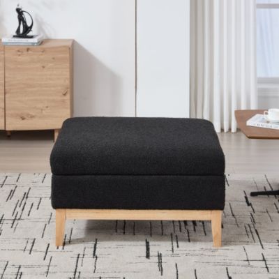 33.86 Inch Boucle Square Storage Ottoman, Reversible Lid Footrest with Rubberwood Legs, 300 LBS Weight Capacity