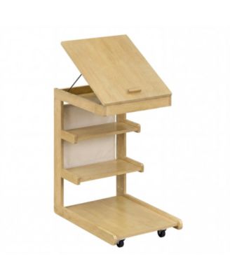 Rolling C-Shaped Side Table with Tilting Desktop and Storage Shelves
