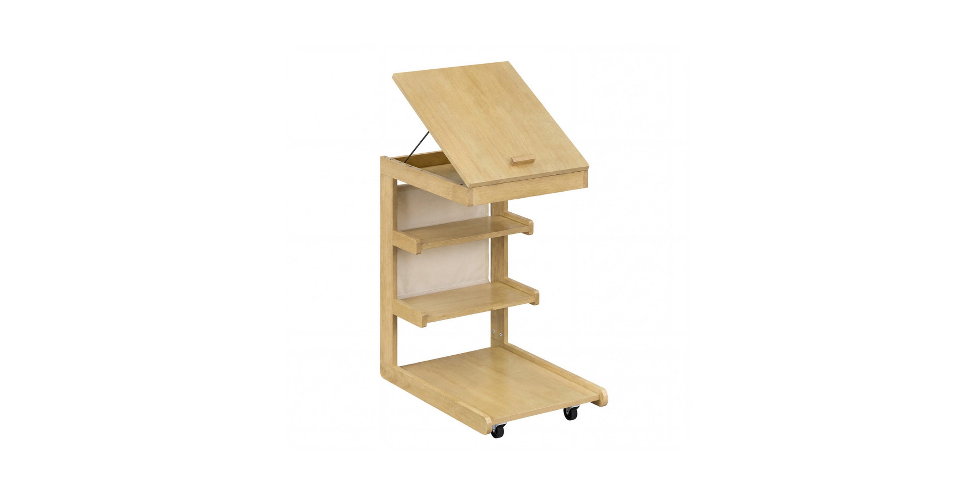 Gouun Rolling C-Shaped Side Table with Tilting Desktop and Storage Shelves