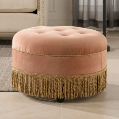 24 Inch Round Ottoman Accent Ottoman with Trim and Buttoned Seat