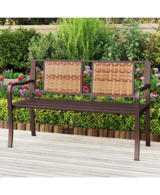 Patio Garden Bench Steel Frame Rattan Backrest Park Yard Outdoor Porch Furniture