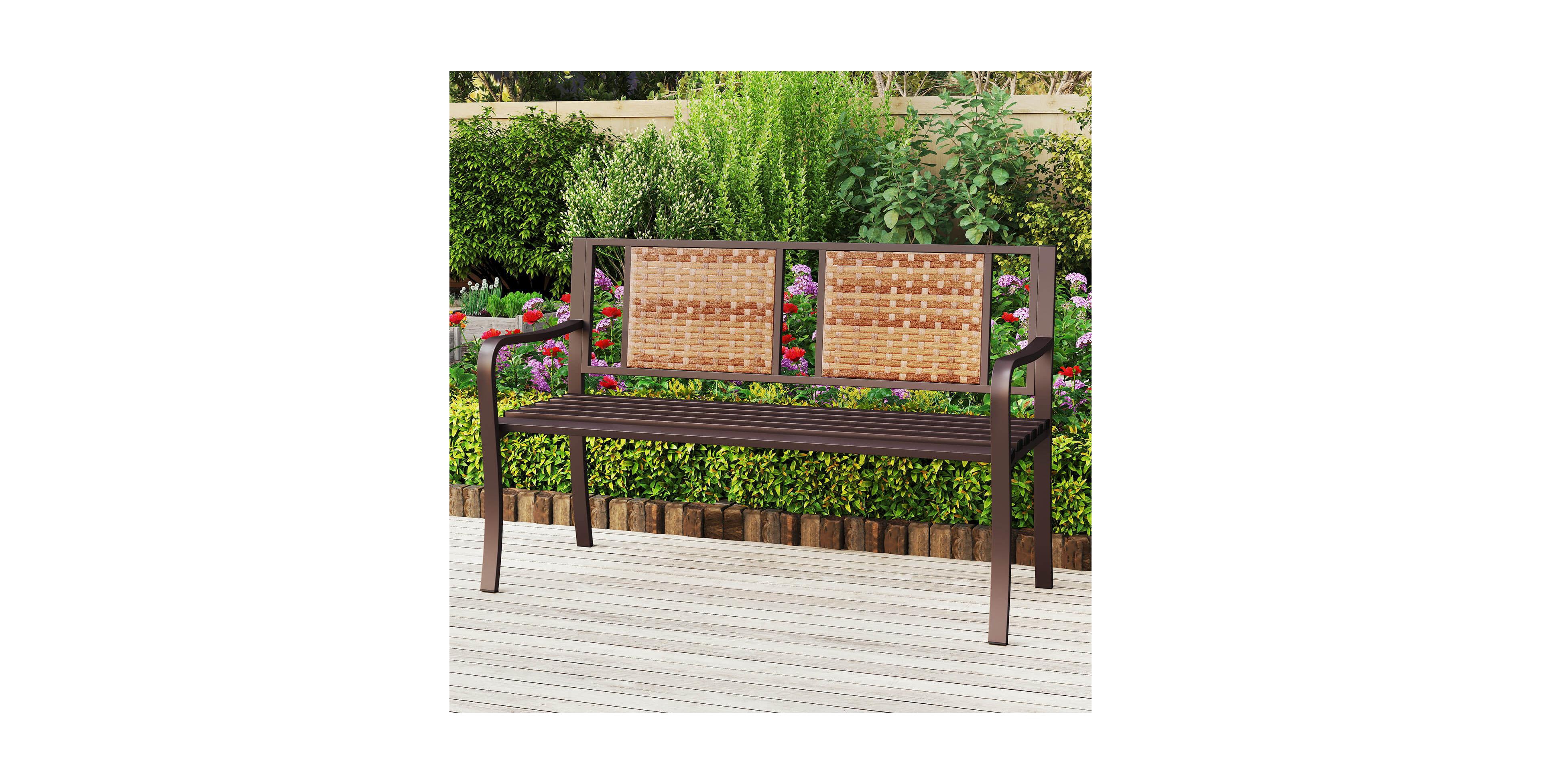 Costway Patio Garden Bench Steel Frame Rattan Backrest Park Yard Outdoor Porch Furniture