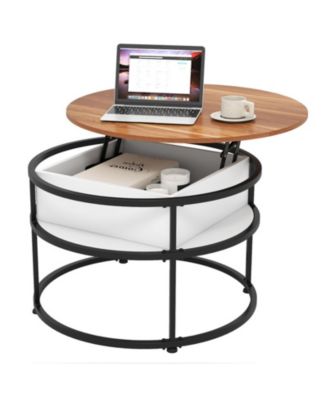 31.5 Inch Round Lift Top Coffee Table with Hidden Compartment and Side Shelves