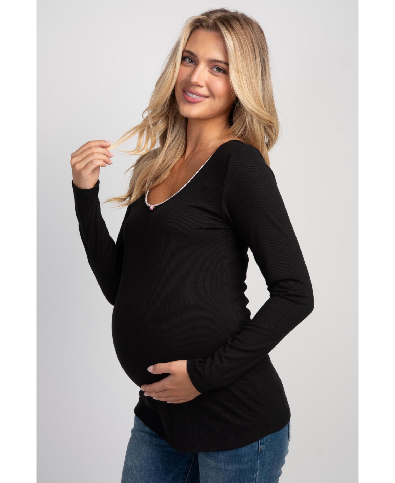 Maternity Long-Sleeve Scoop-Neck Lace-Trim T-Shirt