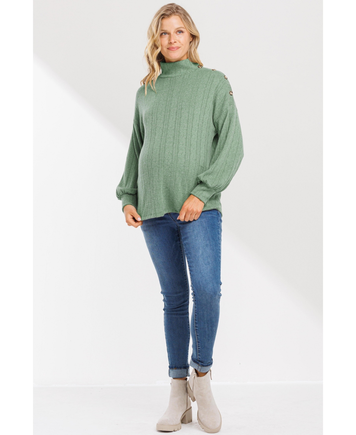 Hello Miz Women's Mock Neck Button Shoulder Knit Sweater