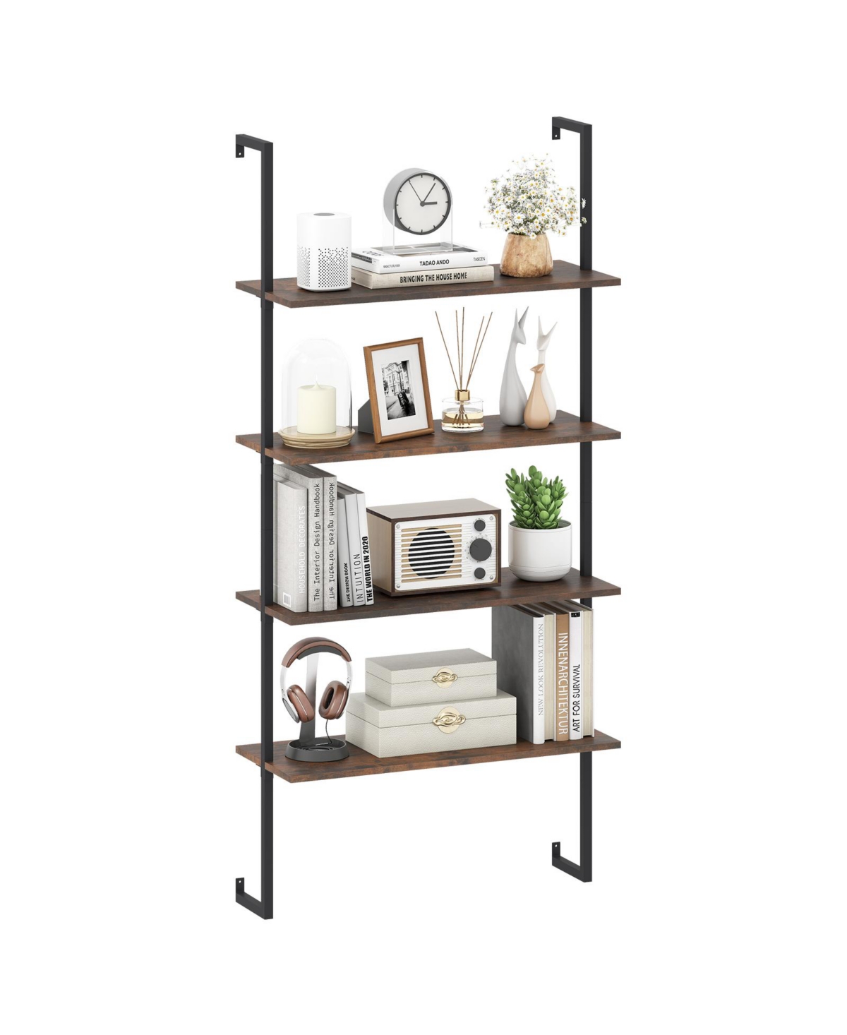 Mecale 4-Tier Industrial Ladder Bookshelf with Metal Frame - Coffee