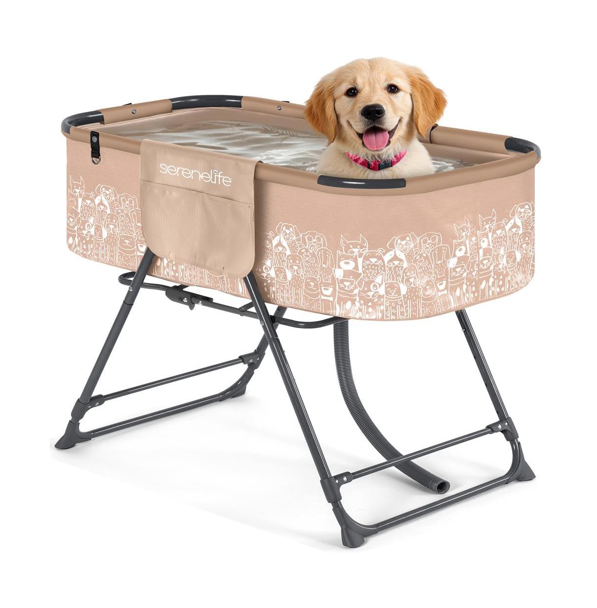 SereneLife Foldable Dog Bath Tub, Adjustable Height Grooming Station with Drain Hose and Storage