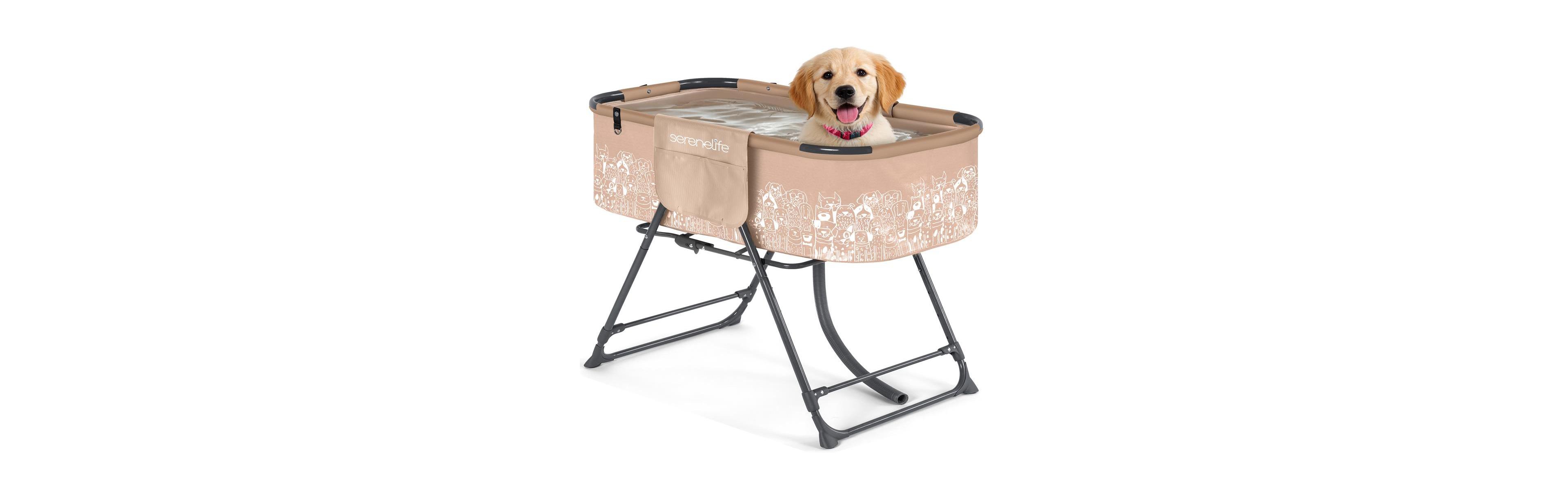 SereneLife Foldable Dog Bath Tub, Adjustable Height Grooming Station with Drain Hose and Storage