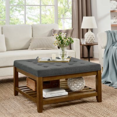 Tufted Linen Square Ottoman Coffee Table, Beech Wood Frame Storage Footrest Ottoman