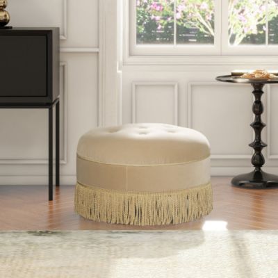 24 inch Round Upholstered Accent Ottoman, Fawn Performance Velvet Decorative Stool