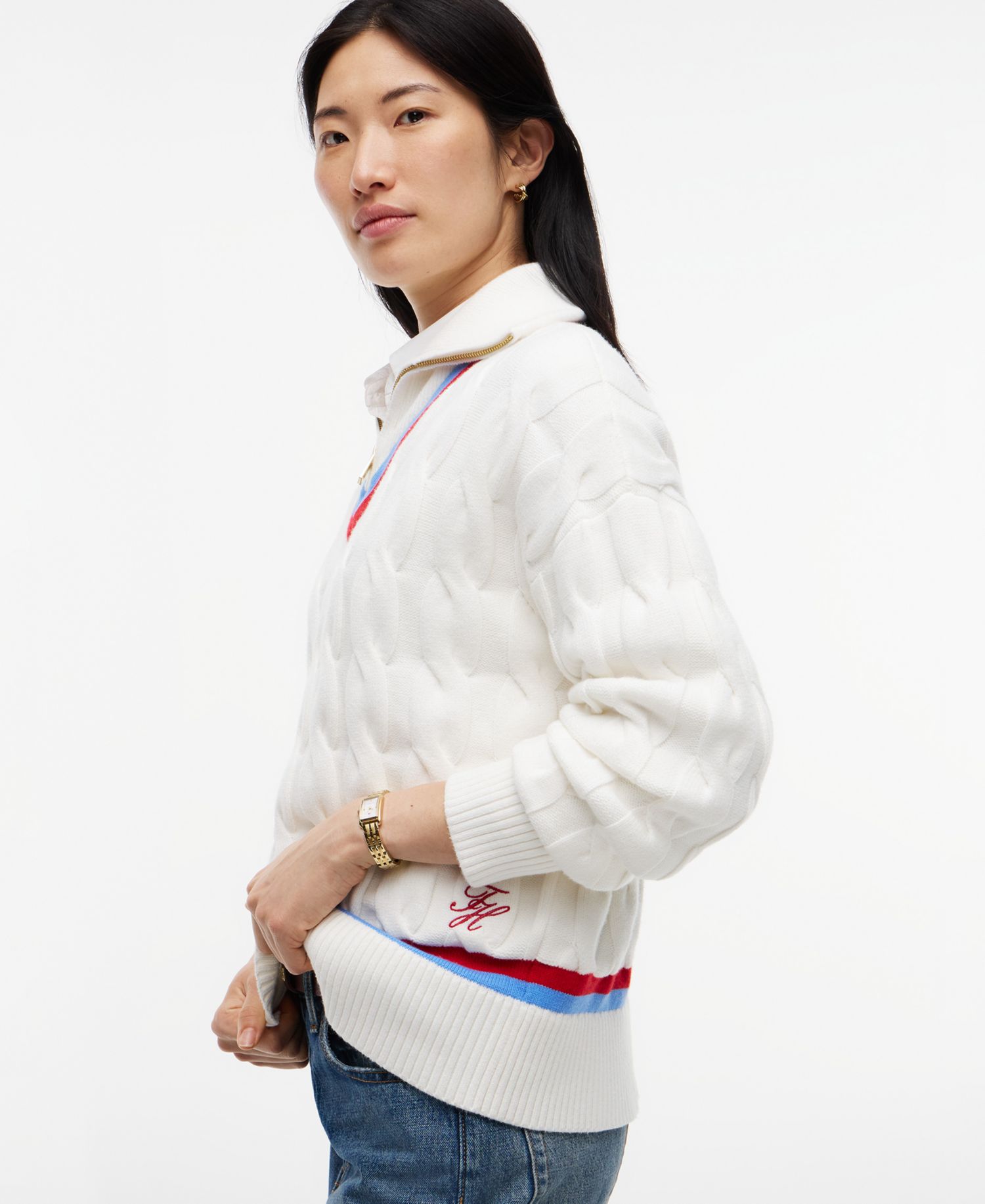 Women's Cable Half Zip Cricket Turtleneck Relaxed-Fit Sweater