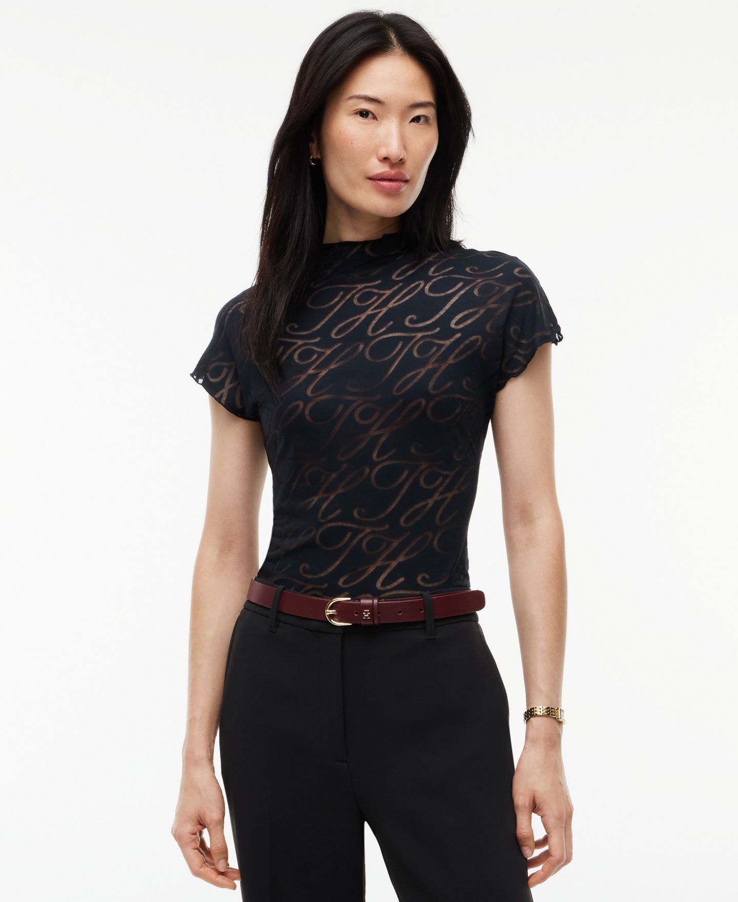 Женская футболка Tommy Hilfiger Mock Neck Cap Sleeve Burnout, цвет: Чёрный — фото 1