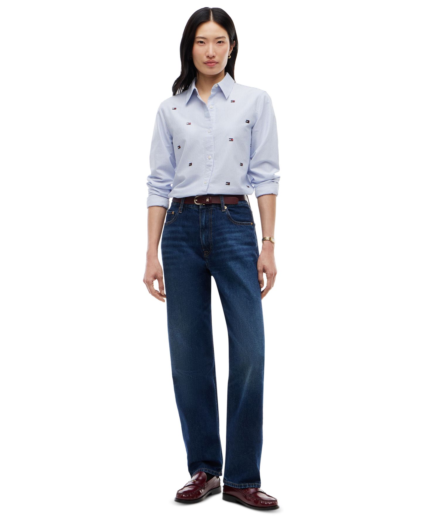 Женская рубашка Tommy Hilfiger Oxford Striped Embroidered Long-Sleeve, цвет: Синий — фото 1