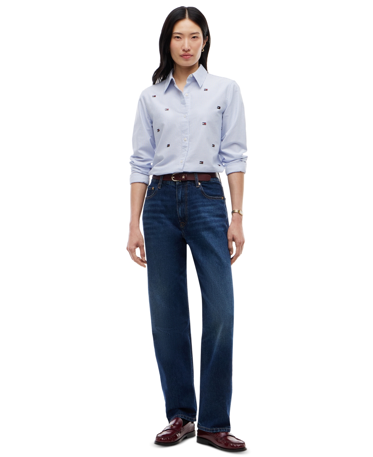 Tommy Hilfiger Women's Oxford Striped Embroidered Long-Sleeve Shirt