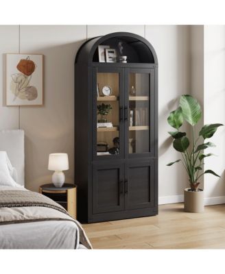 71.4" Arched Wood Bookcase with Glass Doors, Antique Farmhouse Display Cabinet for Living Room, Office