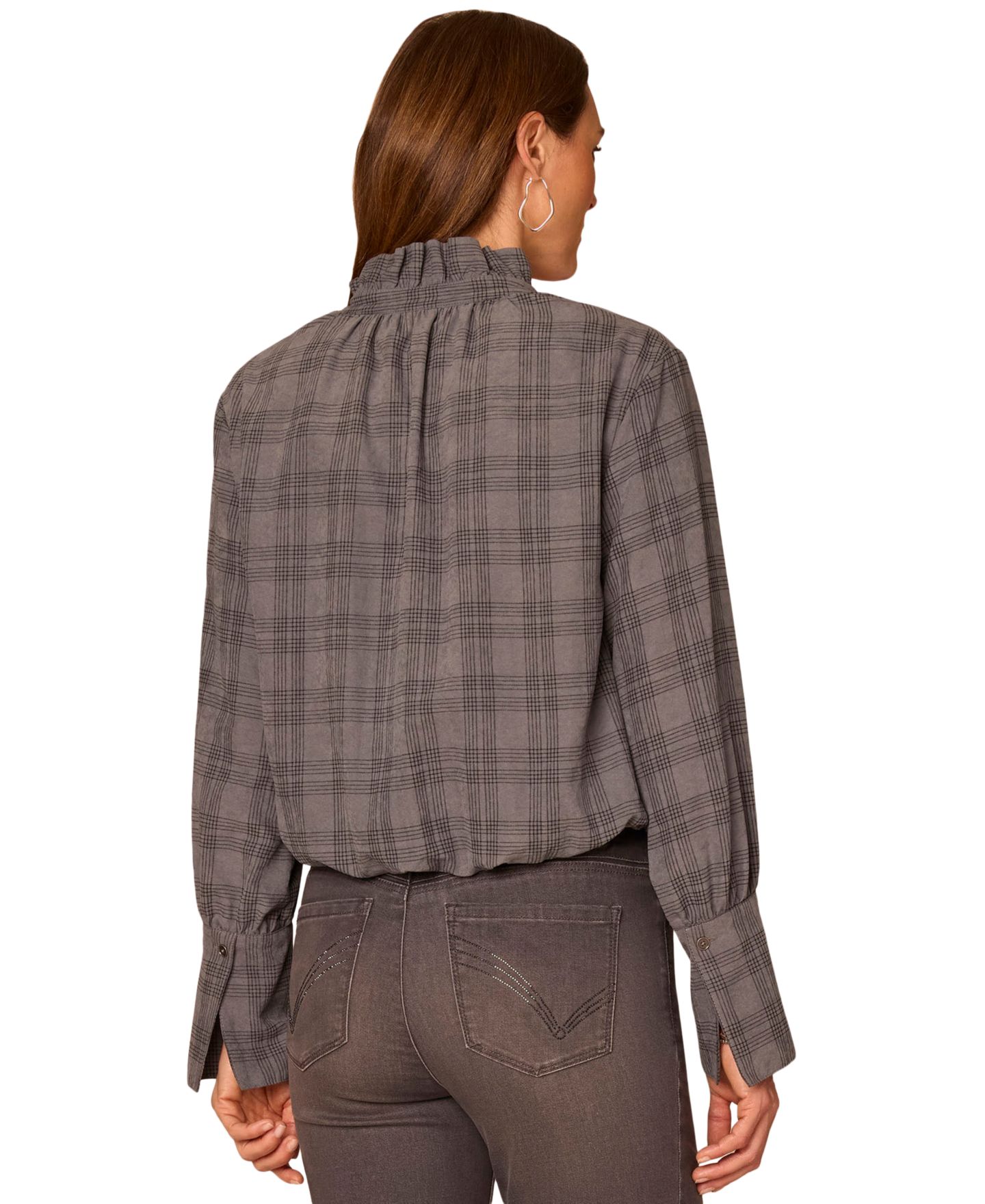 Женская блузка Democracy French-Cuff Ruffle-Neck Plaid, цвет: Dgy Dove G — фото 3