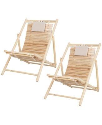 2 Piece Patio Outdoor Adjustable Folding Wood Sling Chair Lounge Assembly Free