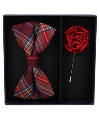 Men's 2-Piece Tartan Plaid Pre-Tied Bow Tie and Lapel Pin Box Set