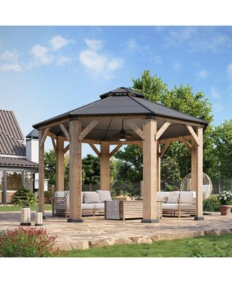 13'x13' Wooden Hardtop Gazebo, Outdoor Pavilion with Galvanized Steel Double Roof for Patio Garden Deck