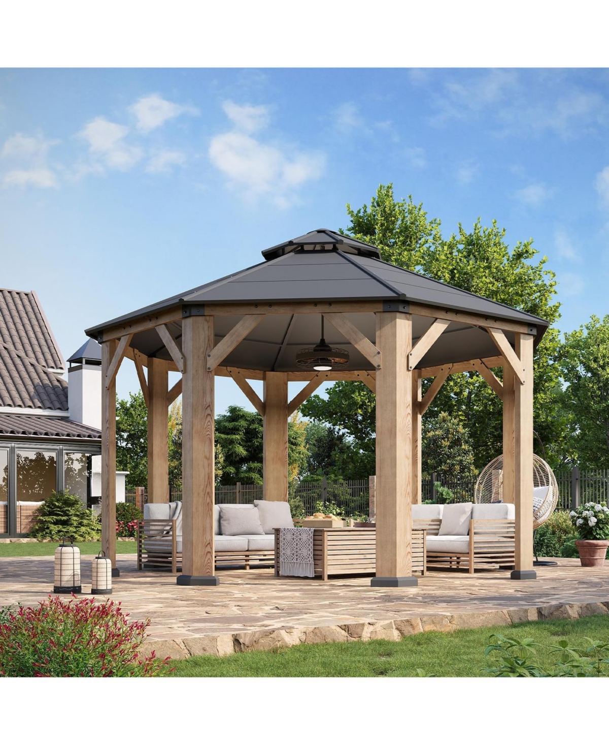 Aoxun 13'x13' Wooden Hardtop Gazebo, Outdoor Pavilion with Galvanized Steel Double Roof for Patio Garden Deck