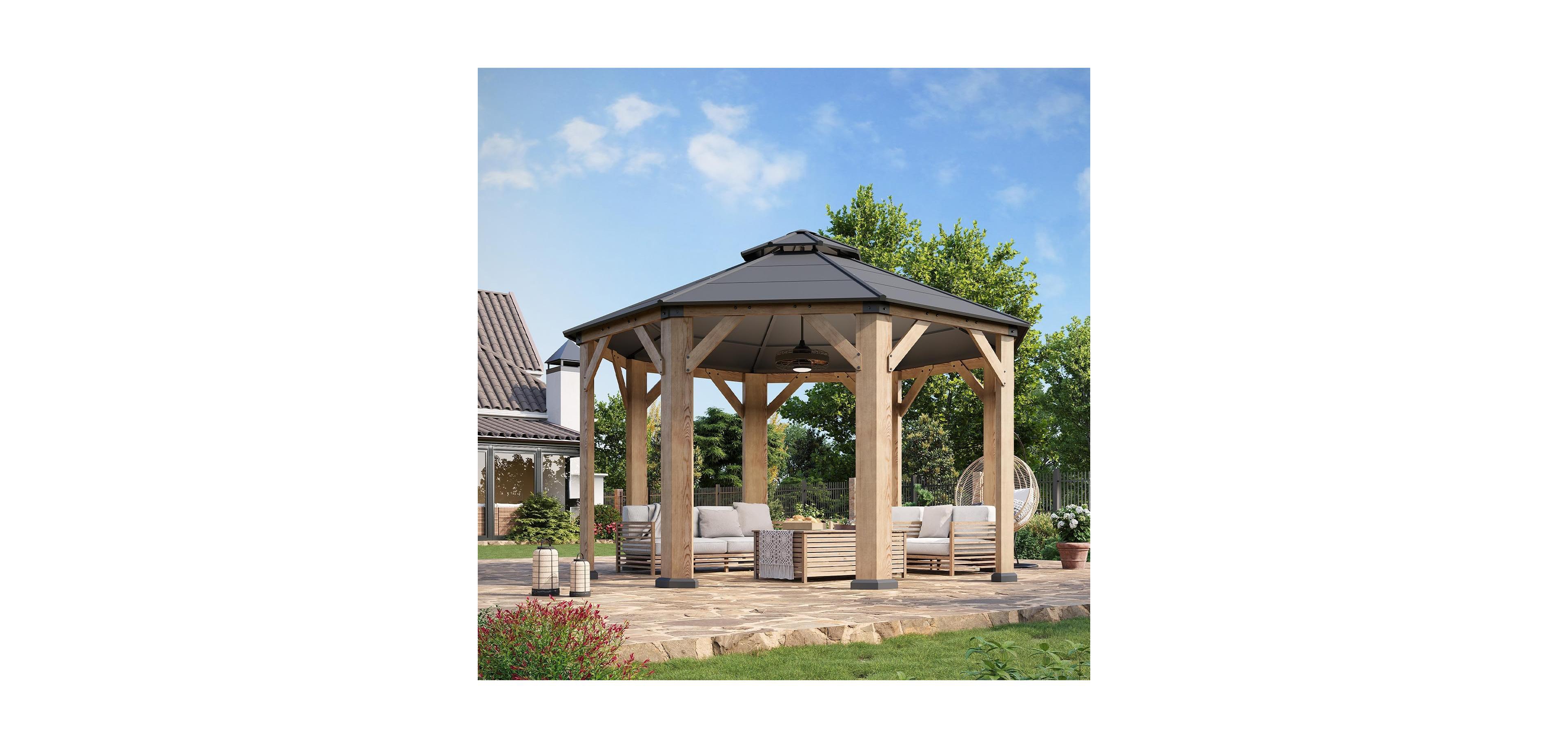 Aoxun 13'x13' Wooden Hardtop Gazebo, Outdoor Pavilion with Galvanized Steel Double Roof for Patio Garden Deck