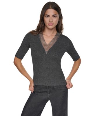 Women's Embellished Lurex V-Neck Sweater