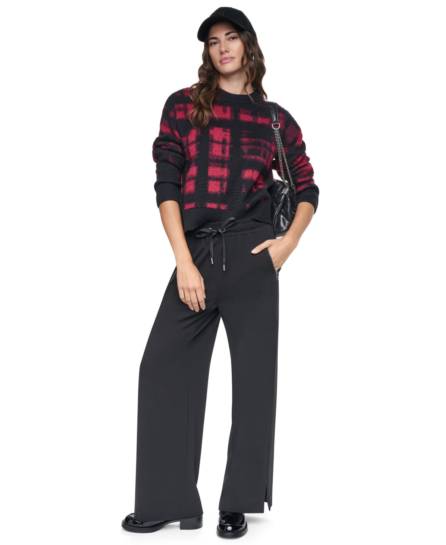 Women's Brushed-Plaid Long-Sleeve Crewneck Pullover Sweater