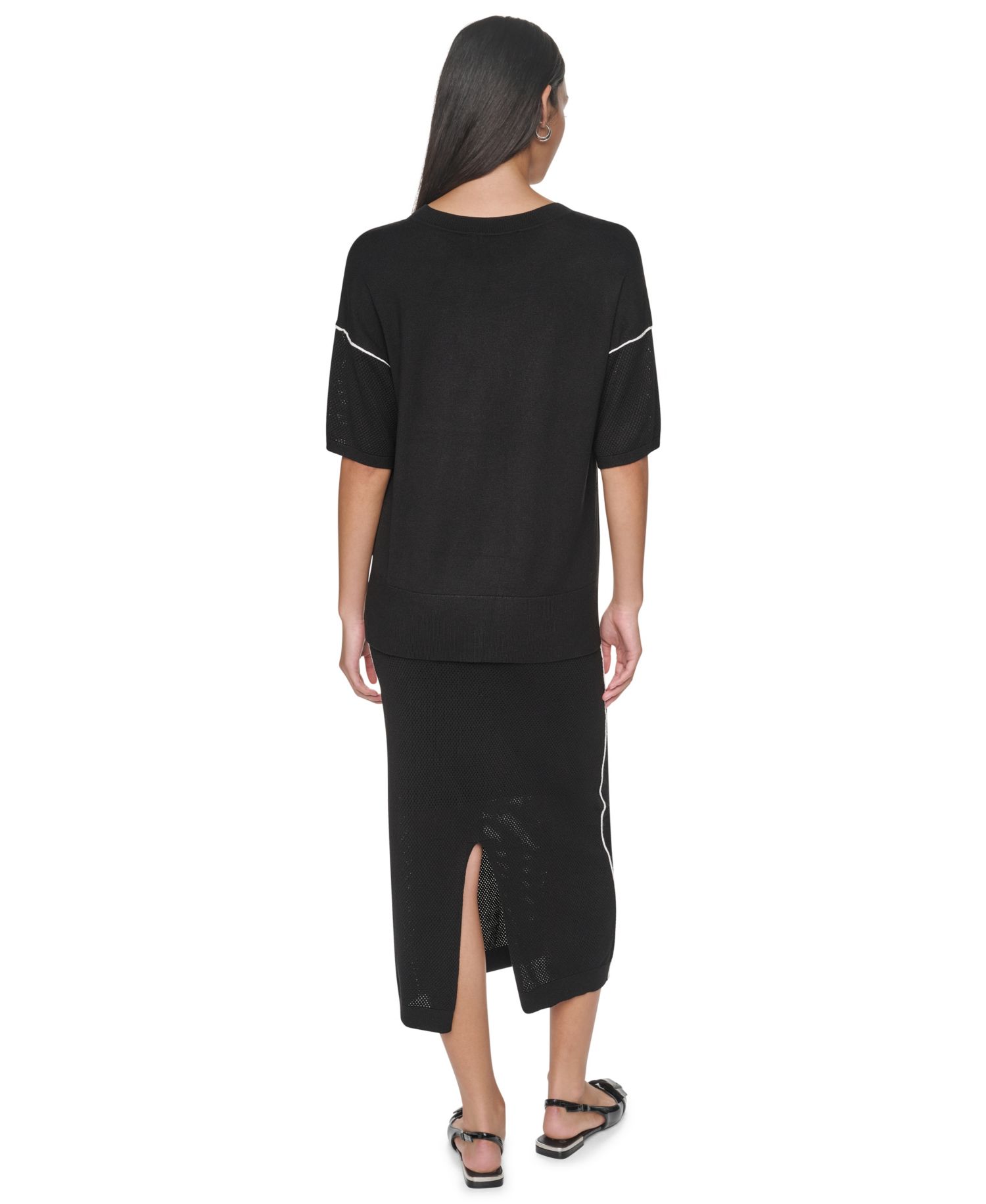 Women's Short-Sleeve Pointelle-Mesh Contrast-Trim Sweater