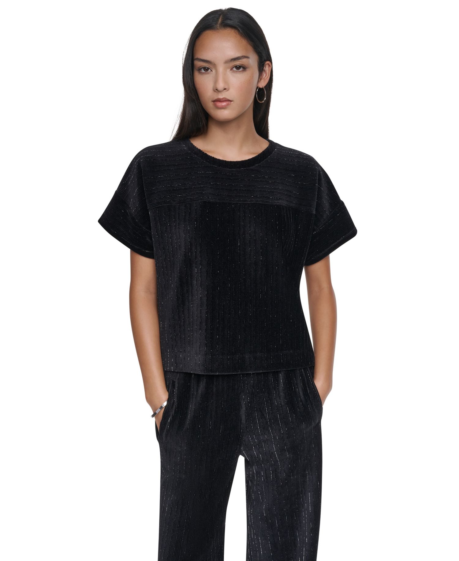 Women's Lurex Velvet Knit Scoop Neck Short-Dolman Sleeves T-Shirt