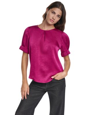 Women's Satin Roll-Sleeve Slight-Crease Crewneck Blouse