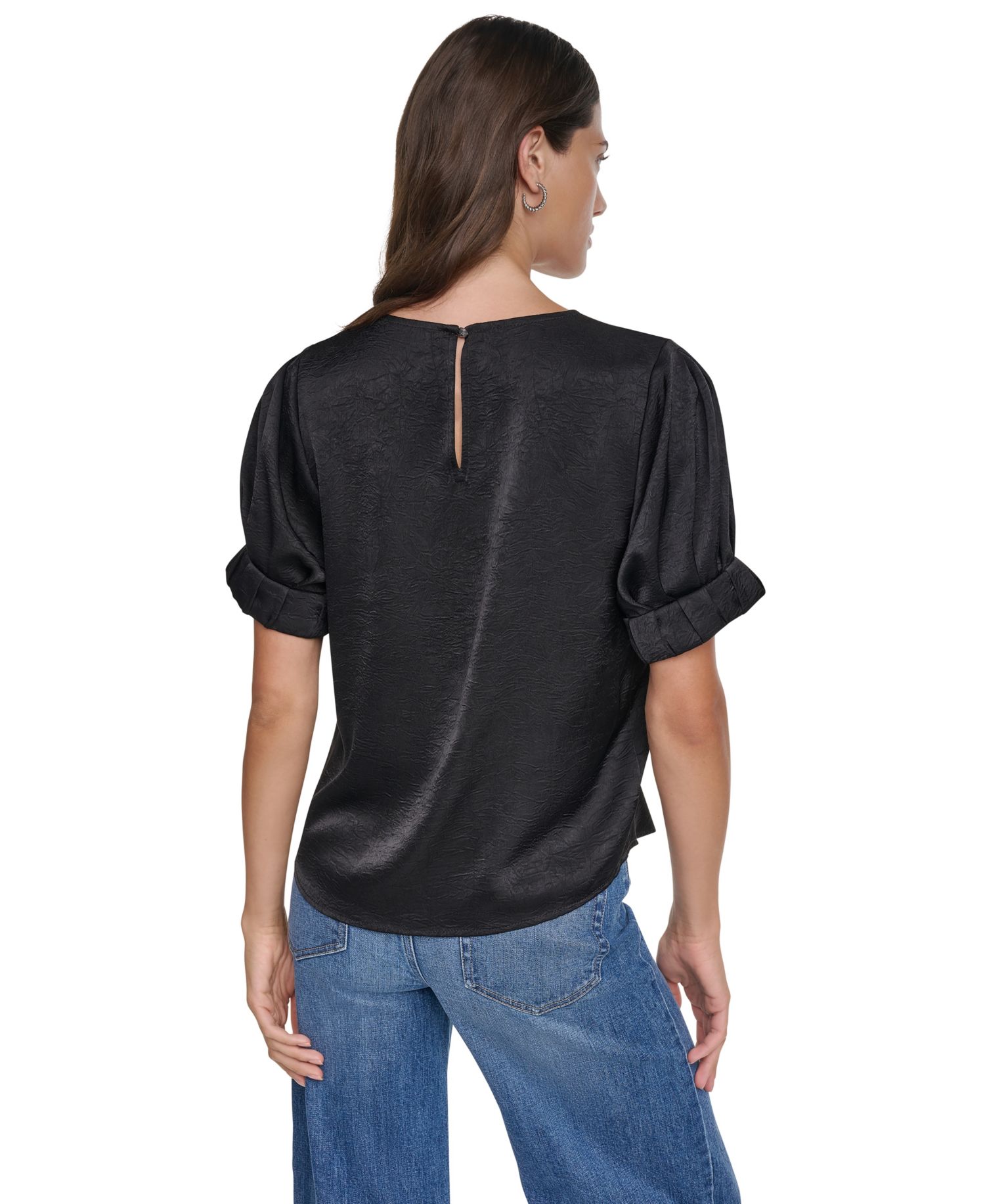 Women's Satin Roll-Sleeve Slight-Crease Crewneck Blouse