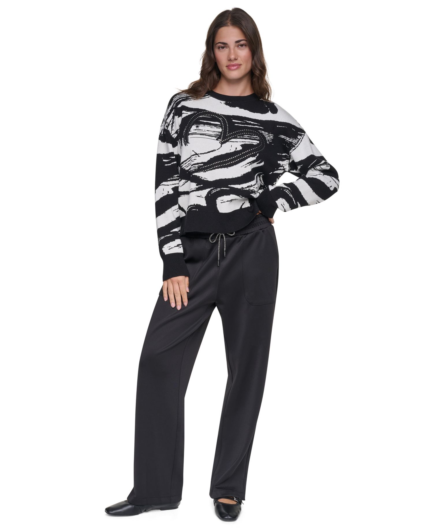 Women's Studded Heart Brush Stroke Crewneck Long-Sleeve Sweater