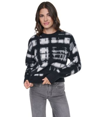 Women's Brushed-Plaid Long-Sleeve Crewneck Pullover Sweater