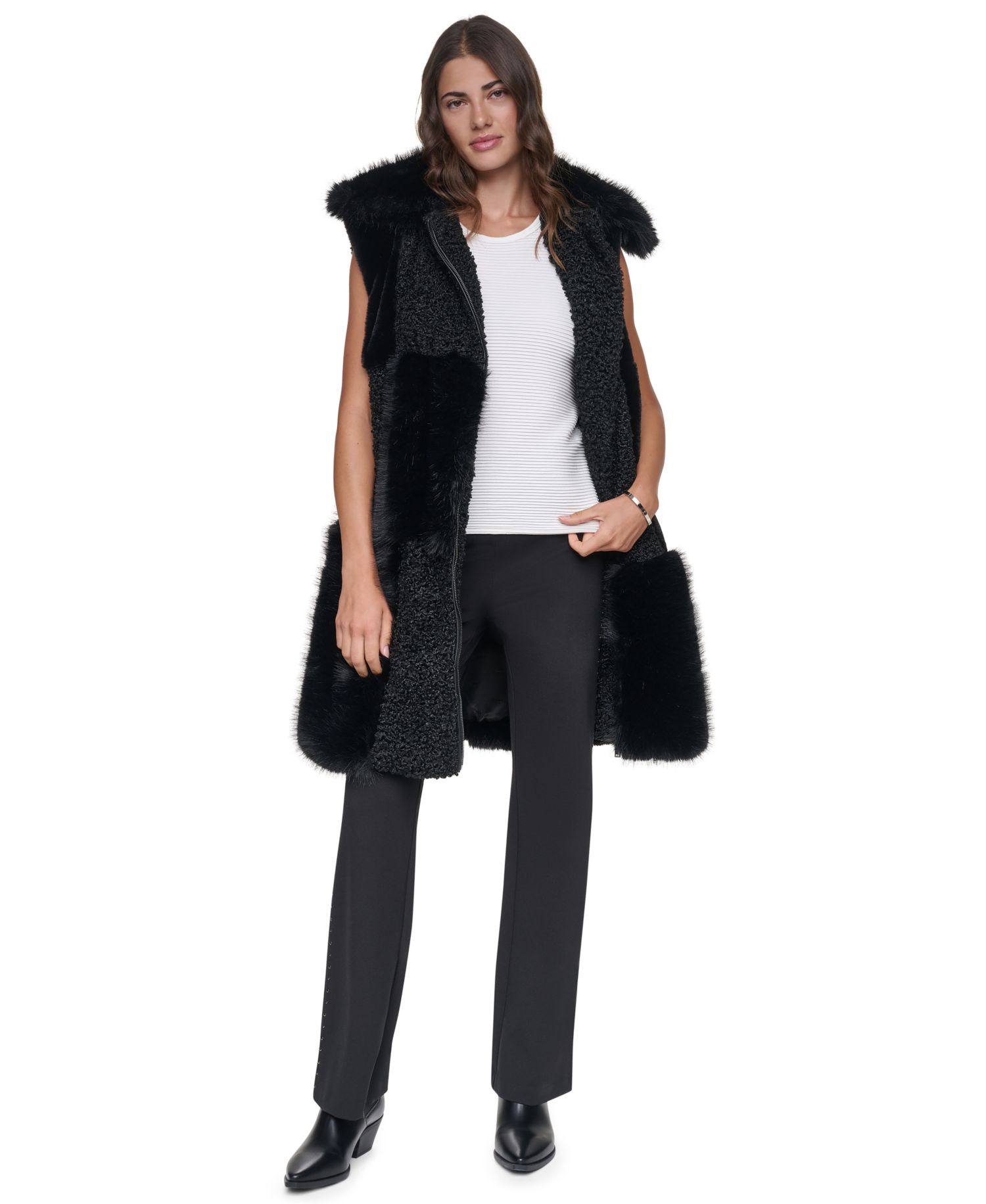 Women's Patch-Mix Mid-Length Collared Faux Fur Vest