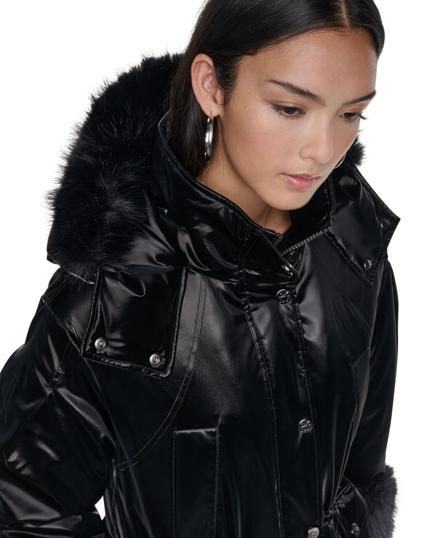 Women's Hooded Knee-Length Faux Fur Cuff Nylon Velvet Coat