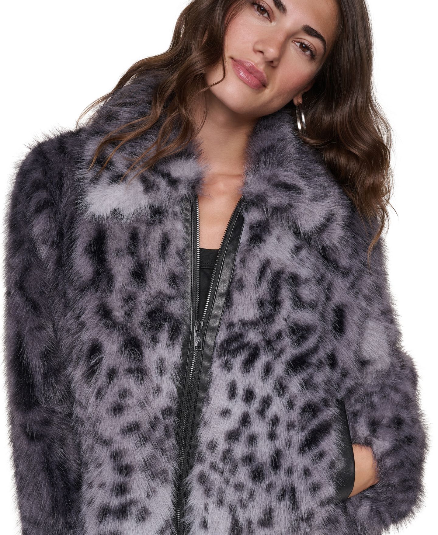 Женская куртка DKNY из искусственного меха с животным принтом, цвет: Серый / Чёрный — фото 7