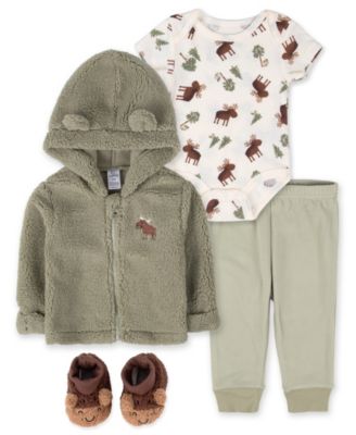 Baby Boys' Hooded Moose-Print Jacket, Bodysuit, Pants and Slippers, 4-Piece Set