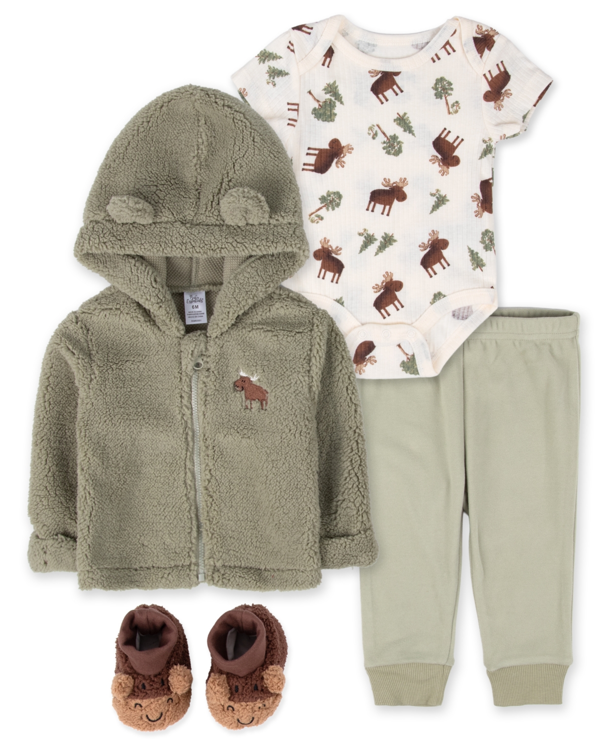 Baby Essentials Boys' Hooded Moose-Print Jacket, Bodysuit, Pants and Slippers, 4-Piece Set