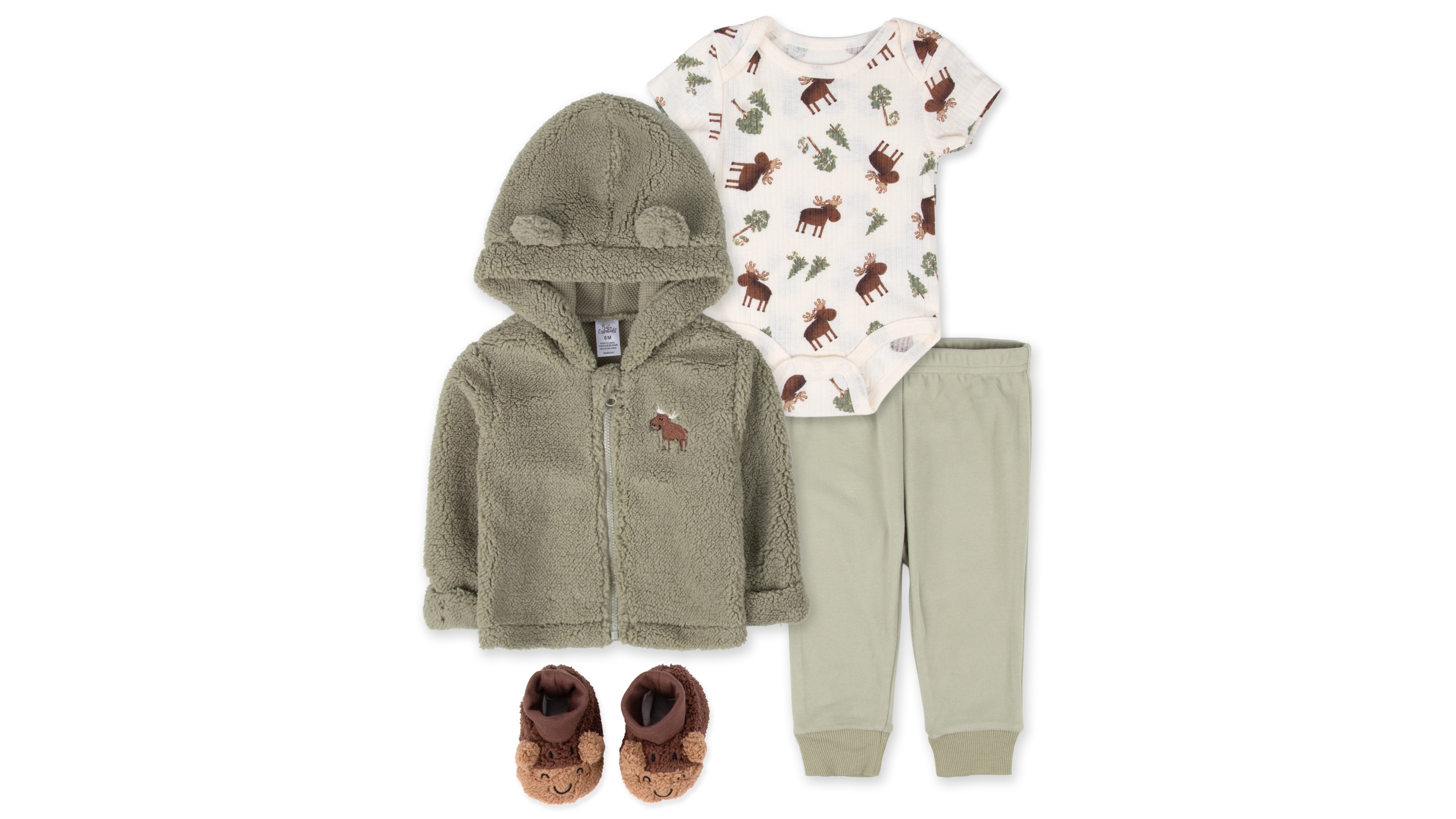Baby Essentials Boys' Hooded Moose-Print Jacket, Bodysuit, Pants and Slippers, 4-Piece Set