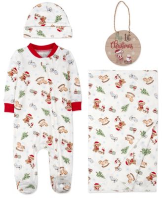 Baby Boys' My 1st Christmas Holiday Footie, Blanket, Hat, and Wooden Milestone Sign, 4-Piece Set