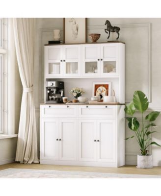 Kitchen Pantry Cabinet with Built-In Power Outlet, Wooden Tall Kitchen Hutch with Drawers, Modern Coffee Bar Buffet for Dining Room