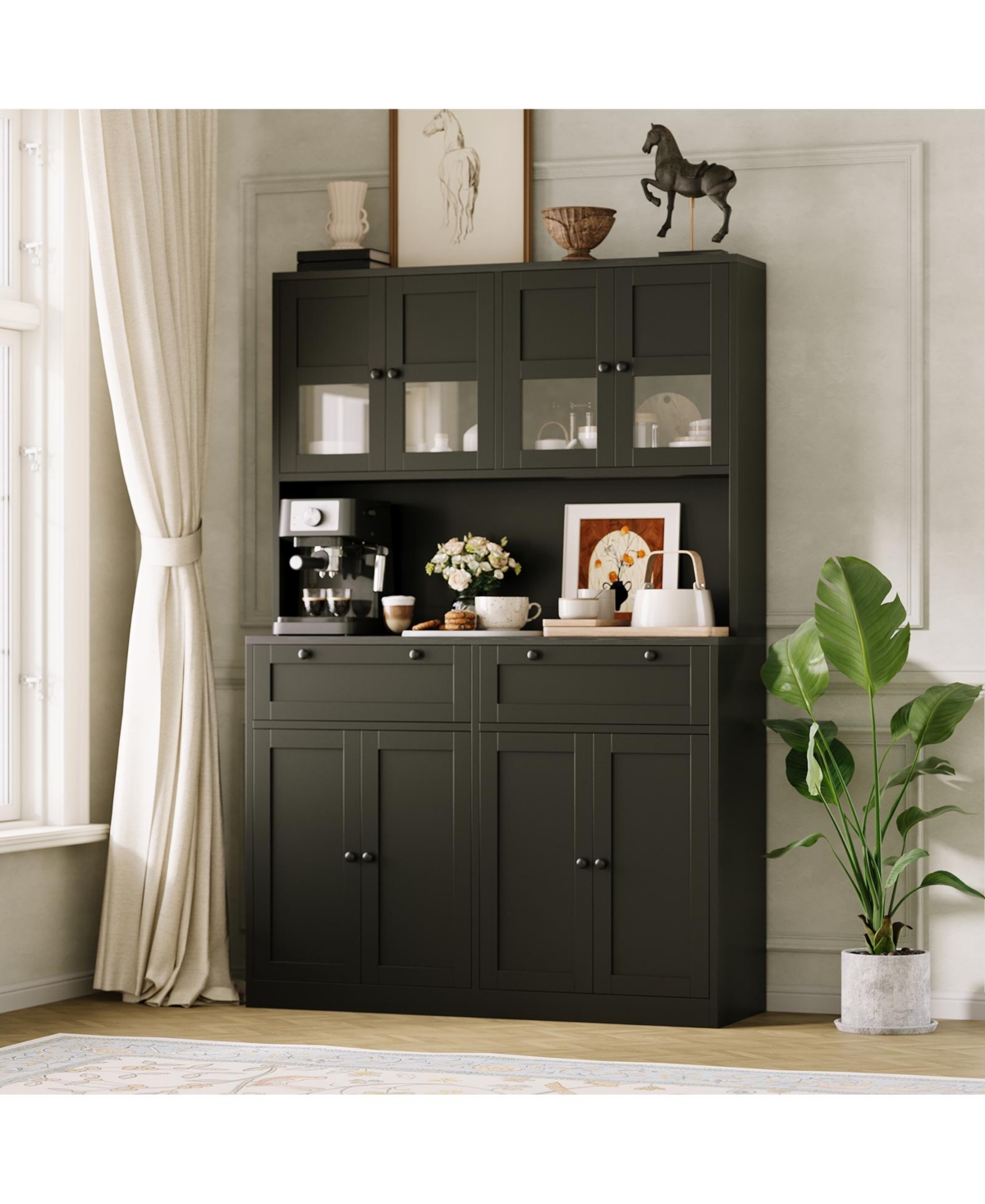 gaomon Kitchen Pantry Cabinet with Built-In Power Outlet, Wooden Tall Kitchen Hutch with Drawers, Modern Coffee Bar Buffet for Dining Room - Black