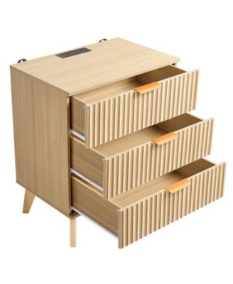 3-Drawer Fluted Nightstand with Charging Station and Metal Drawer Slides