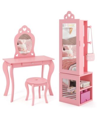 Kids Vanity Table and Stool Set with Freestanding Jewelry Armoire for Ages 3 and Up