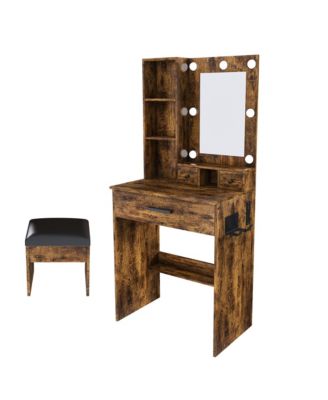 Vanity Table with Mirror, Adjustable LED Lights, Power Outlet and Stool