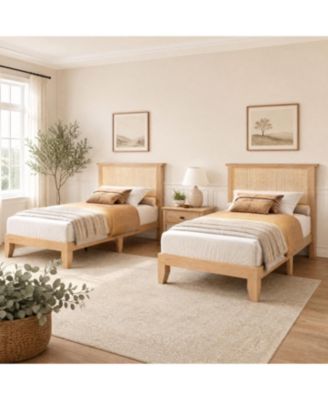 Set of 2 Twin Rattan Platform Bed Frame - Boho Bed with Headboard, RGB LED Lights, Solid Wood Slat Support, No Box Spring Needed for Bedroom