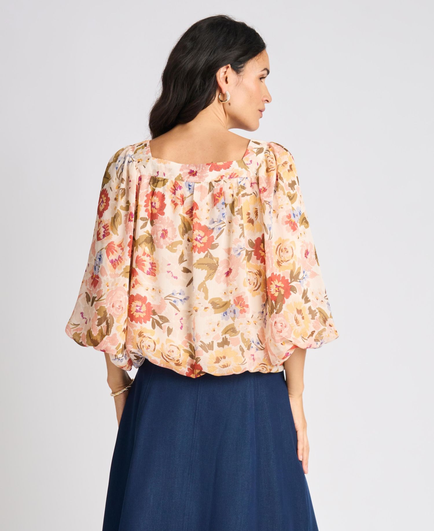 Women's Square-Neck 3/4-Sleeve Floral Blouse